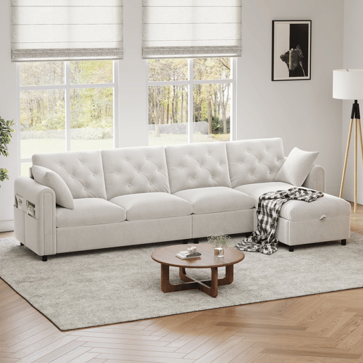 Sofá moderno de veludo 281x86x71 cm - Espaço de arrumação no canto, braços com bolsos - Bege