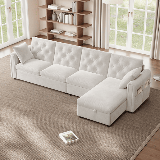 Sofá moderno de veludo 281x86x71 cm - Espaço de arrumação no canto, braços com bolsos - Bege