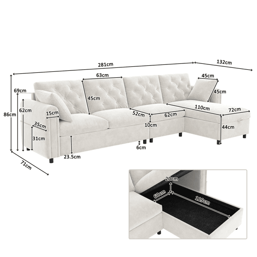 Sofá moderno de veludo 281x86x71 cm - Espaço de arrumação no canto, braços com bolsos - Bege