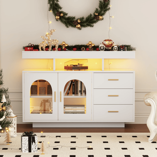 Buffet LED 120 cm - móvel bar com 16 cores de luz, gavetas e alto brilho para sala de estar e sala de jantar - branco