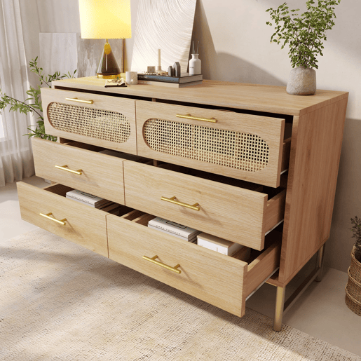 Cômoda de rattan 120x40x74 cm - com 6 gavetas, puxadores metálicos e proteção contra quedas - carvalho sonoma