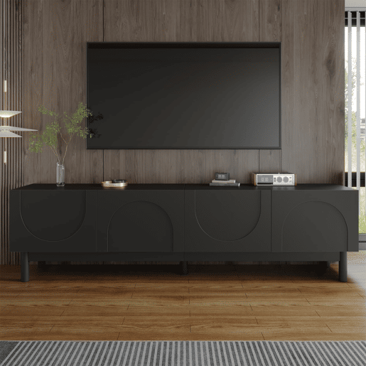 Móvel de TV - portas curvas com design ondulado, prateleiras integradas e pés estabilizadores