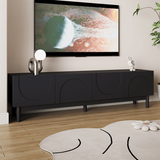 Móvel de TV - portas curvas com design ondulado, prateleiras integradas e pés estabilizadores