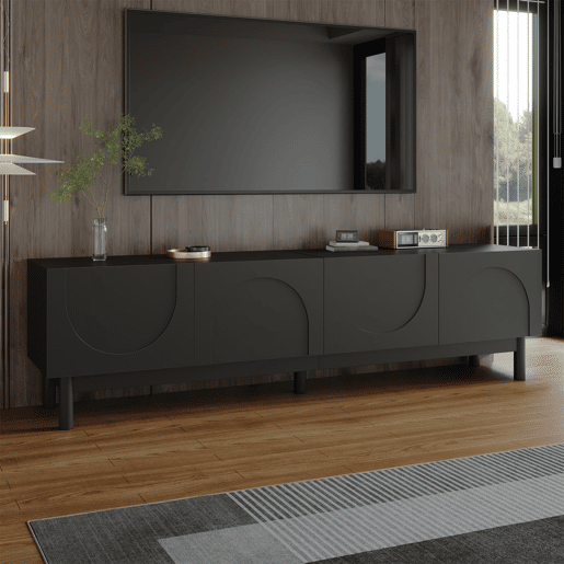Móvel de TV - portas curvas com design ondulado, prateleiras integradas e pés estabilizadores