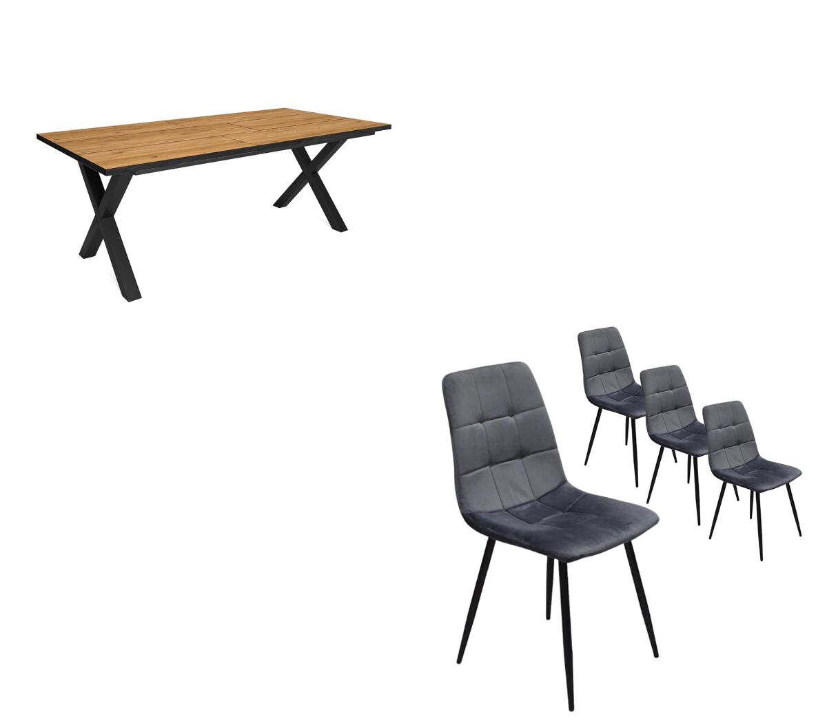 Conjunto Salón, Mesa de Comedor + Pack de 4 Sillas de Comedor 194x90