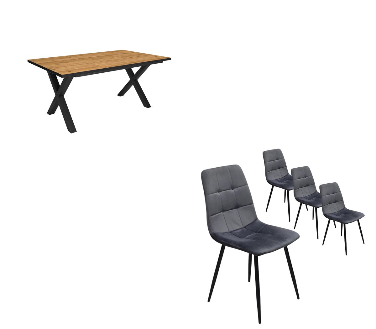 Conjunto Salón, Mesa de Comedor + Pack de 4 Sillas de Comedor 167x90