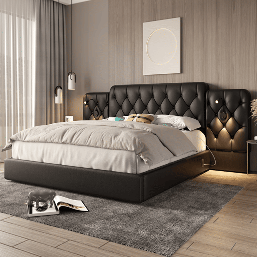 Cama estofada 160x200 cm - Cabeceira longa, várias portas USB, candeeiro de secretária, sistema hidráulico, grande espaço de arrumação - PU preto
