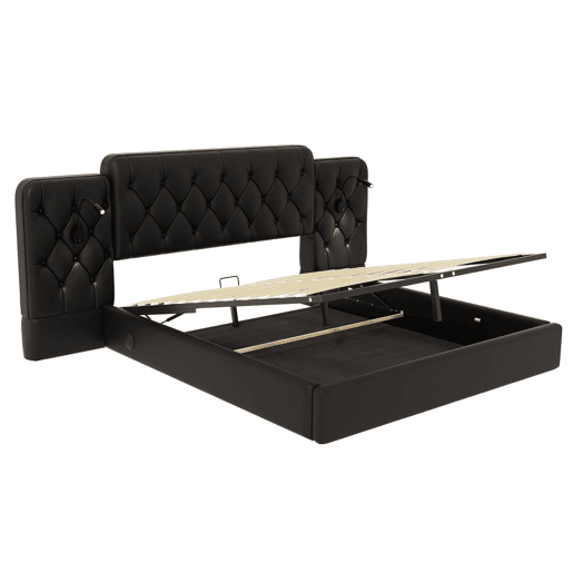 Cama estofada 160x200 cm - Cabeceira longa, várias portas USB, candeeiro de secretária, sistema hidráulico, grande espaço de arrumação - PU preto