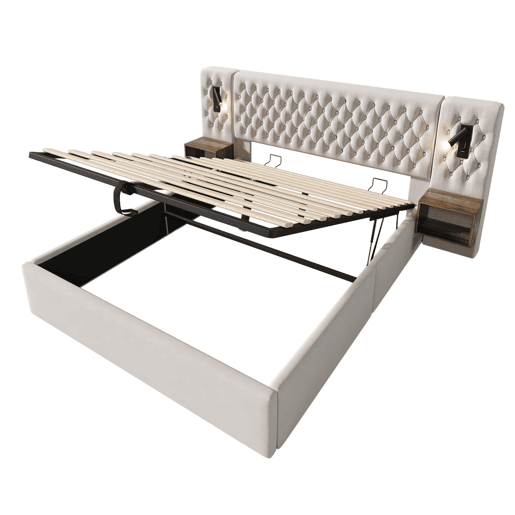 Cama de casal 160x200 cm - cama estofada com arrumação hidráulica, cabeceira com luz e USB, 2 mesas de cabeceira e colchão - veludo bege