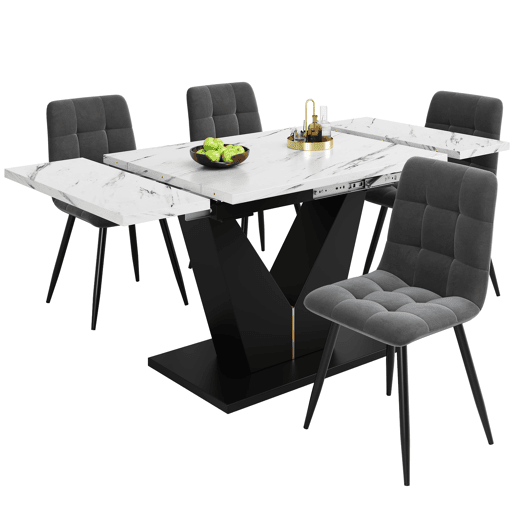 Conjunto de mesa e cadeiras de 5 peças - Mesa extensível, pernas em V pretas, tampo em mármore branco, cadeiras em veludo cinzento