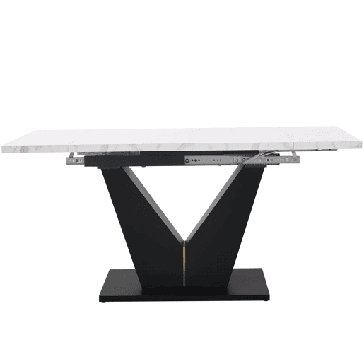 Conjunto de mesa e cadeiras de 5 peças - Mesa extensível, pernas em V pretas, tampo em mármore branco, cadeiras em veludo cinzento