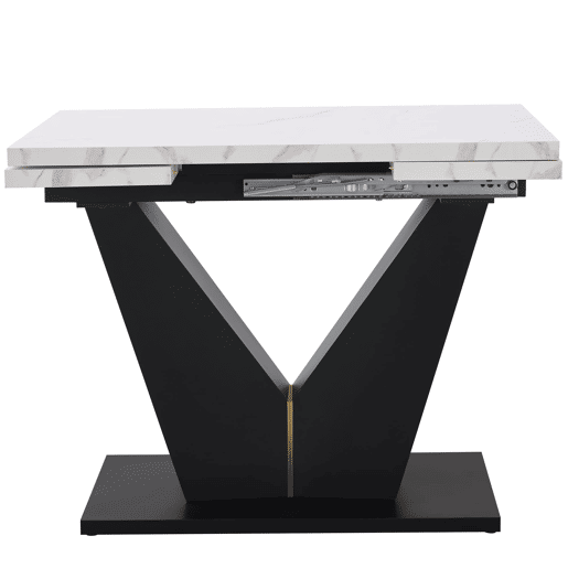 Conjunto de mesa e cadeiras de 5 peças - Mesa extensível, pernas em V pretas, tampo em mármore branco, cadeiras em veludo cinzento