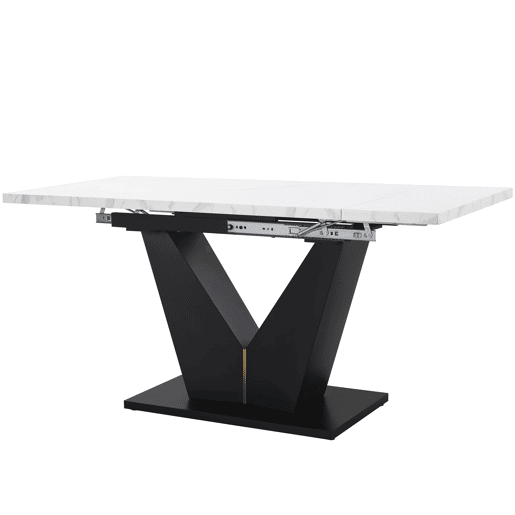 Conjunto de mesa e cadeiras de 5 peças - Mesa extensível, pernas em V pretas, tampo em mármore branco, cadeiras em veludo cinzento