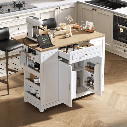 Ilha de cozinha móvel - área de jantar extensível, gavetas multifuncionais e compartimento para lixo, ideal para cozinha e sala de jantar - branco