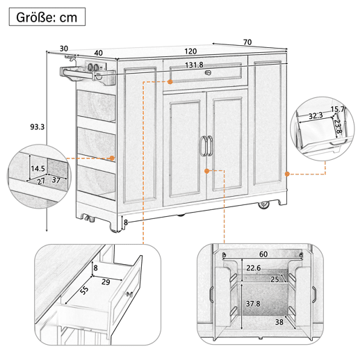 Ilha de cozinha móvel - área de jantar extensível, gavetas multifuncionais e compartimento para lixo, ideal para cozinha e sala de jantar - branco