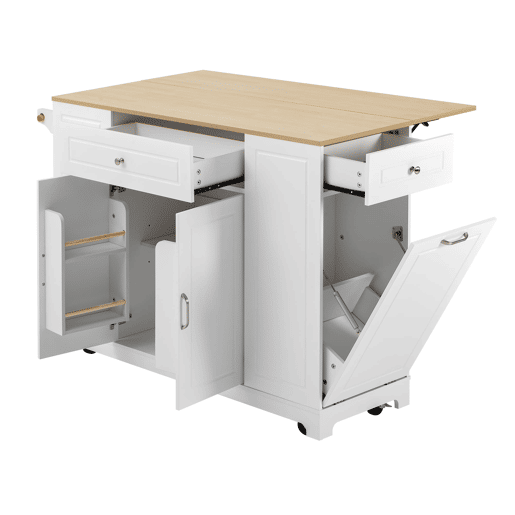 Ilha de cozinha móvel - área de jantar extensível, gavetas multifuncionais e compartimento para lixo, ideal para cozinha e sala de jantar - branco