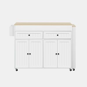 Ilha de cozinha com rodas - zona de refeições extensível, bancada com gavetas, móvel móvel independente para cozinha e sala de jantar - branco e natural