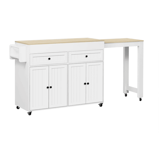 Ilha de cozinha com rodas - zona de refeições extensível, bancada com gavetas, móvel móvel independente para cozinha e sala de jantar - branco e natural