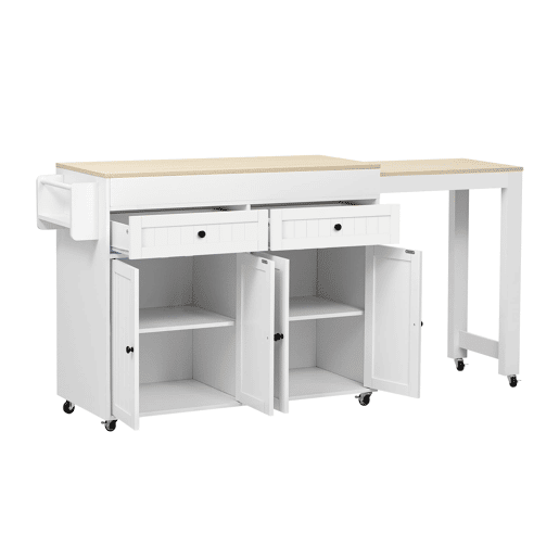 Ilha de cozinha com rodas - zona de refeições extensível, bancada com gavetas, móvel móvel independente para cozinha e sala de jantar - branco e natural