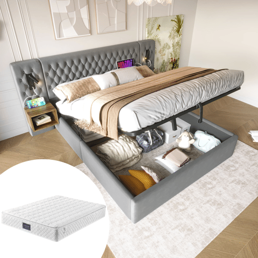Cama de casal 160x200 cm - cama estofada com arrumação hidráulica, cabeceira com luz de leitura e USB, 2 mesas de cabeceira e colchão - cinza veludo