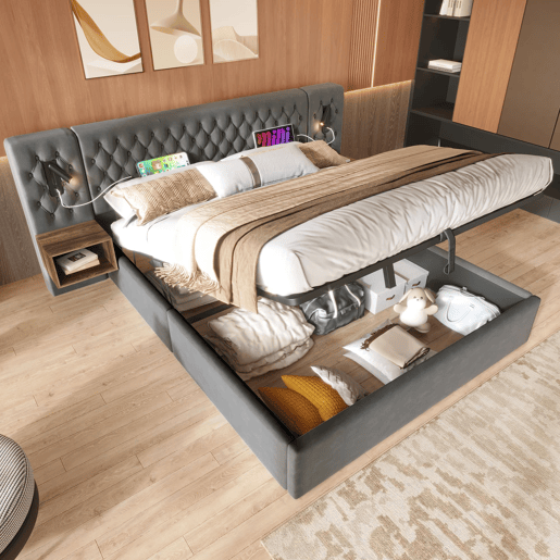 Cama de casal 160x200 cm - cama estofada com arrumação hidráulica, cabeceira com luz de leitura e USB, 2 mesas de cabeceira e colchão - cinza veludo