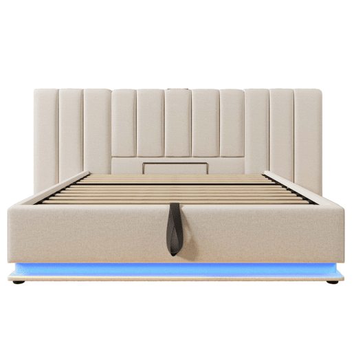 Cama estofada dupla 180x200 cm - arrumação, LED e USB-C, estrado incluído, sem mesas de cabeceira, colchão incluído - linho bege