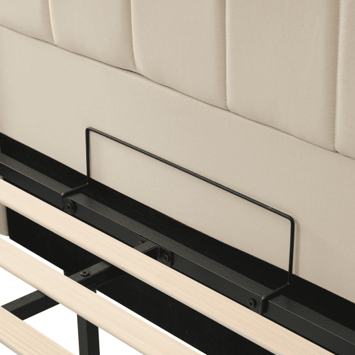 Cama estofada dupla 180x200 cm - arrumação, LED e USB-C, estrado incluído, sem mesas de cabeceira, colchão incluído - linho bege