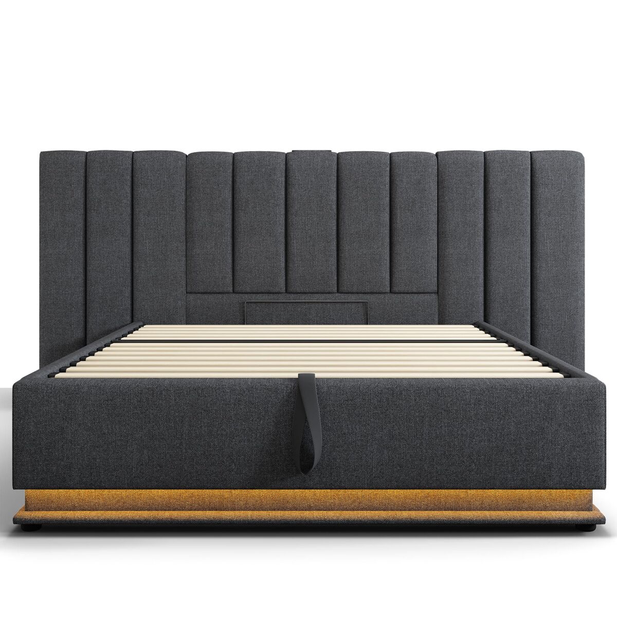 Cama tapizada doble 180x200 cm - almacenaje, led con control por app y usb-c, somier incluido, sin mesitas, colchón incluido - lino gris