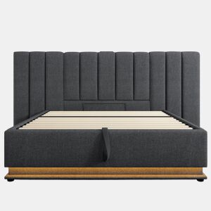 Cama estofada dupla 180x200 cm - arrumação, LED com controlo por aplicação e USB-C, estrado incluído, sem mesas de cabeceira, colchão incluído - linho cinzento