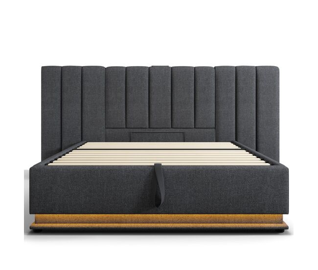 Cama tapizada doble 180x200 cm - almacenaje, led con control por app y usb-c, somier incluido, sin mesitas, colchón incluido - lino gris