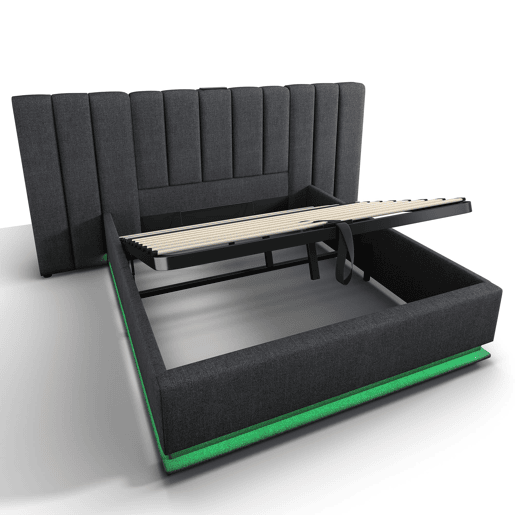 Cama estofada dupla 180x200 cm - arrumação, LED com controlo por aplicação e USB-C, estrado incluído, sem mesas de cabeceira, colchão incluído - linho cinzento