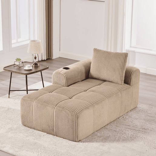 Poltrona reclinável Corduroy 1 lugar - Com almofadas, arrumação lateral, porta-copos - Cáqui