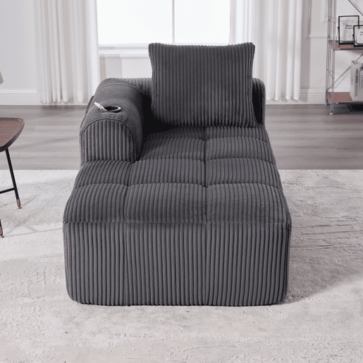 Poltrona de descanso em veludo cotelê - Sem montagem, com almofadas, bolsa lateral e porta-copos - Cinza