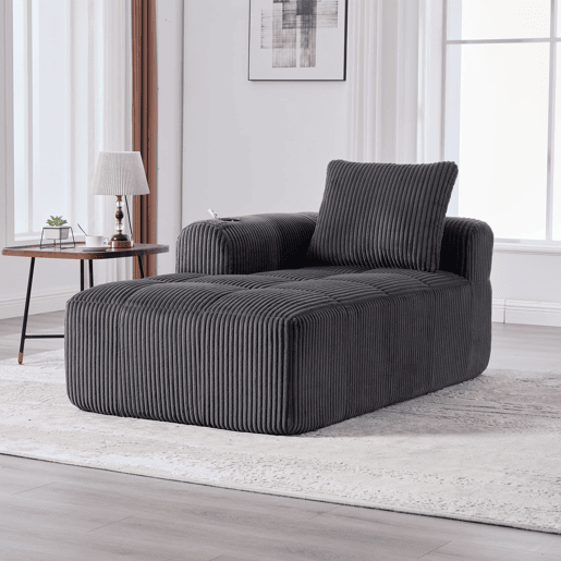 Poltrona de descanso em veludo cotelê - Sem montagem, com almofadas, bolsa lateral e porta-copos - Cinza