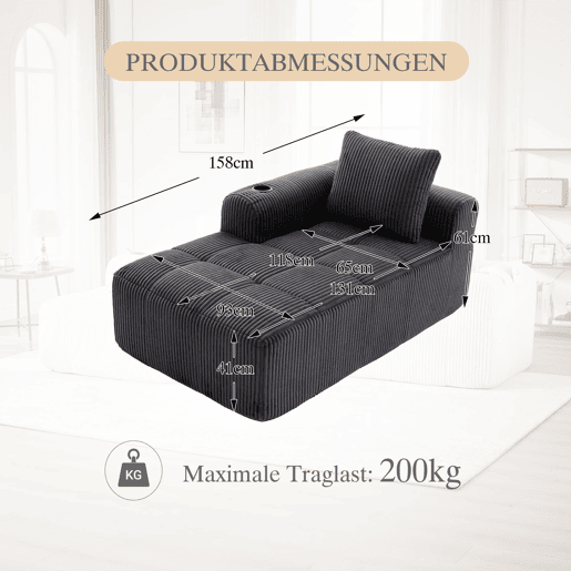 Poltrona de descanso em veludo cotelê - Sem montagem, com almofadas, bolsa lateral e porta-copos - Cinza