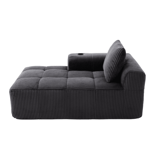 Poltrona de descanso em veludo cotelê - Sem montagem, com almofadas, bolsa lateral e porta-copos - Cinza