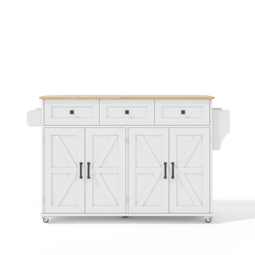 Ilha de cozinha 140x43(70)x90,5 cm - 5 rodas bloqueáveis, 4 portas, 3 gavetas, prateleira, toalheiros - Branco+Natural