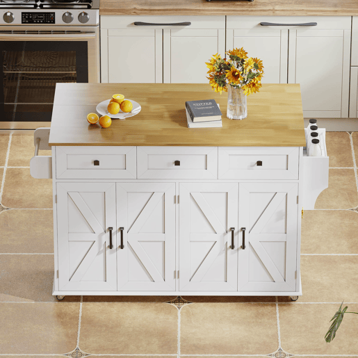 Ilha de cozinha 140x43(70)x90,5 cm - 5 rodas bloqueáveis, 4 portas, 3 gavetas, prateleira, toalheiros - Branco+Natural