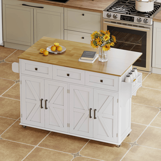 Ilha de cozinha 140x43(70)x90,5 cm - 5 rodas bloqueáveis, 4 portas, 3 gavetas, prateleira, toalheiros - Branco+Natural