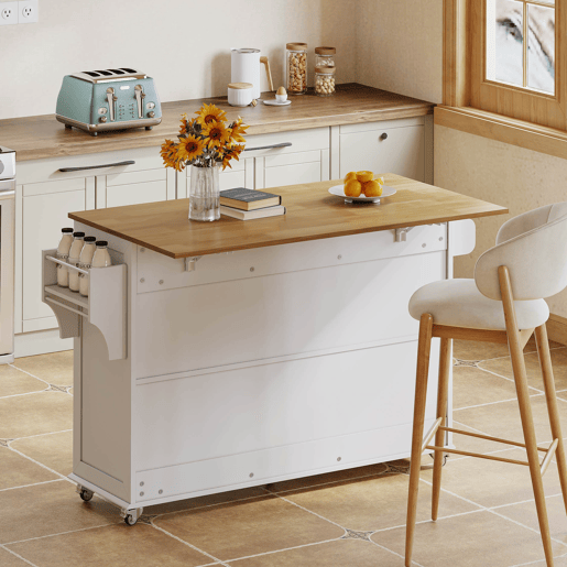 Ilha de cozinha 140x43(70)x90,5 cm - 5 rodas bloqueáveis, 4 portas, 3 gavetas, prateleira, toalheiros - Branco+Natural