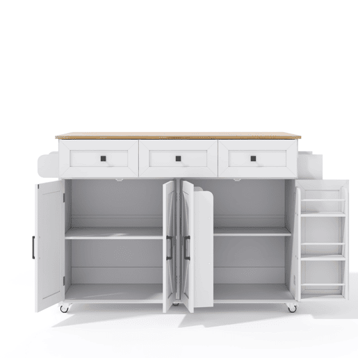 Ilha de cozinha 140x43(70)x90,5 cm - 5 rodas bloqueáveis, 4 portas, 3 gavetas, prateleira, toalheiros - Branco+Natural