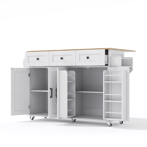 Ilha de cozinha 140x43(70)x90,5 cm - 5 rodas bloqueáveis, 4 portas, 3 gavetas, prateleira, toalheiros - Branco+Natural