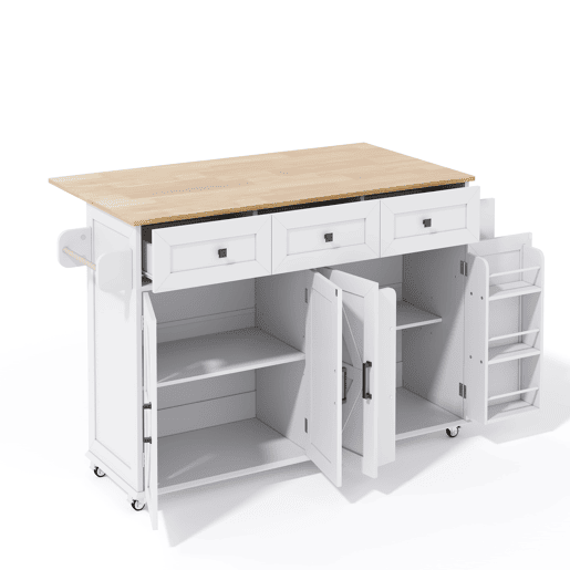 Ilha de cozinha 140x43(70)x90,5 cm - 5 rodas bloqueáveis, 4 portas, 3 gavetas, prateleira, toalheiros - Branco+Natural
