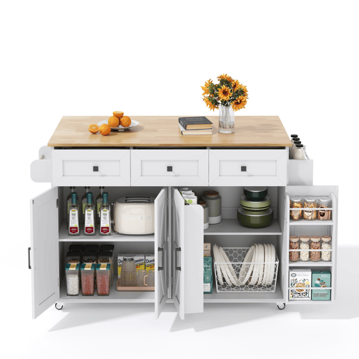 Ilha de cozinha 140x43(70)x90,5 cm - 5 rodas bloqueáveis, 4 portas, 3 gavetas, prateleira, toalheiros - Branco+Natural