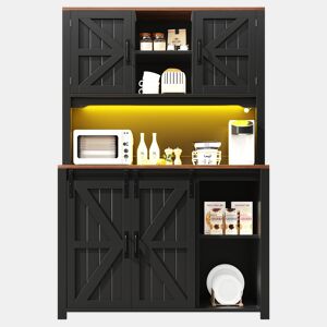 Aparador de cozinha + 115 × 40 × 174,7 cm - Com portas de correr e LED - Preto