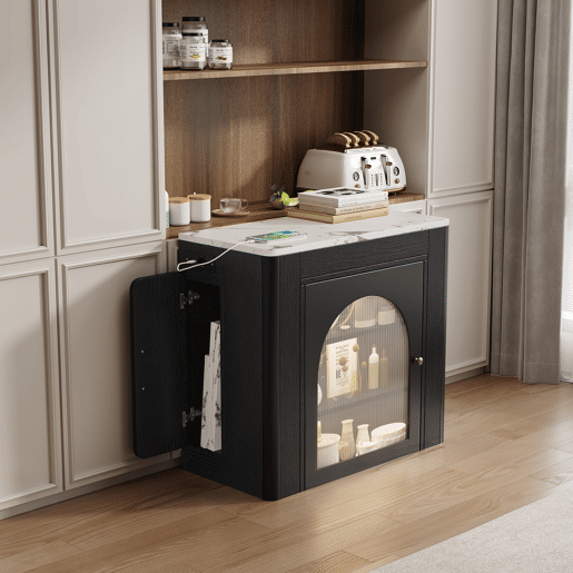 Ilha de cozinha com rodas, mesa de jantar extensível com tampo removível - Carrinho móvel com tomadas - Branco e Preto