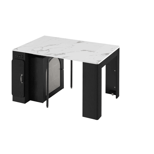 Ilha de cozinha com rodas, mesa de jantar extensível com tampo removível - Carrinho móvel com tomadas - Branco e Preto