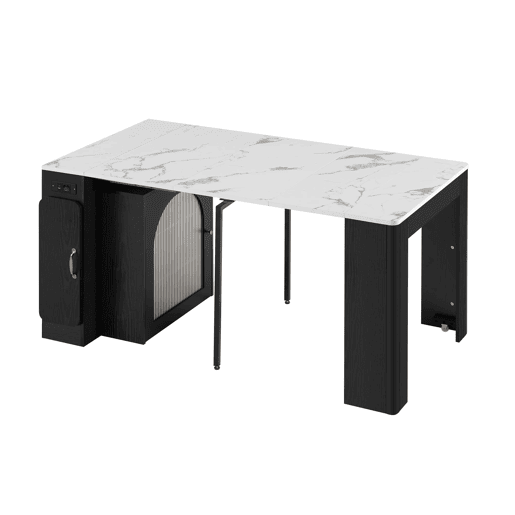 Ilha de cozinha com rodas, mesa de jantar extensível com tampo removível - Carrinho móvel com tomadas - Branco e Preto