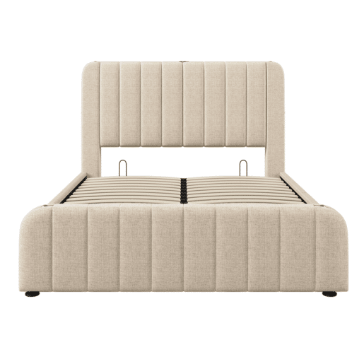 Cama de casal estofada 140x200 cm - cabeceira acolchoada com detalhes dourados, carregador USB-C, armazenamento hidráulico e colchão incluído - linho bege