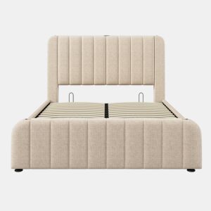 Cama de casal estofada 140x200 cm - cabeceira acolchoada com detalhes dourados, carregador USB-C, armazenamento hidráulico e colchão incluído - linho bege